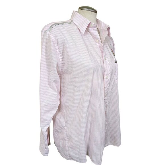 Las Olas Womens Button Up Shirt Size Med Long Sleeve Pink Striped Embroidered - Picture 6 of 11